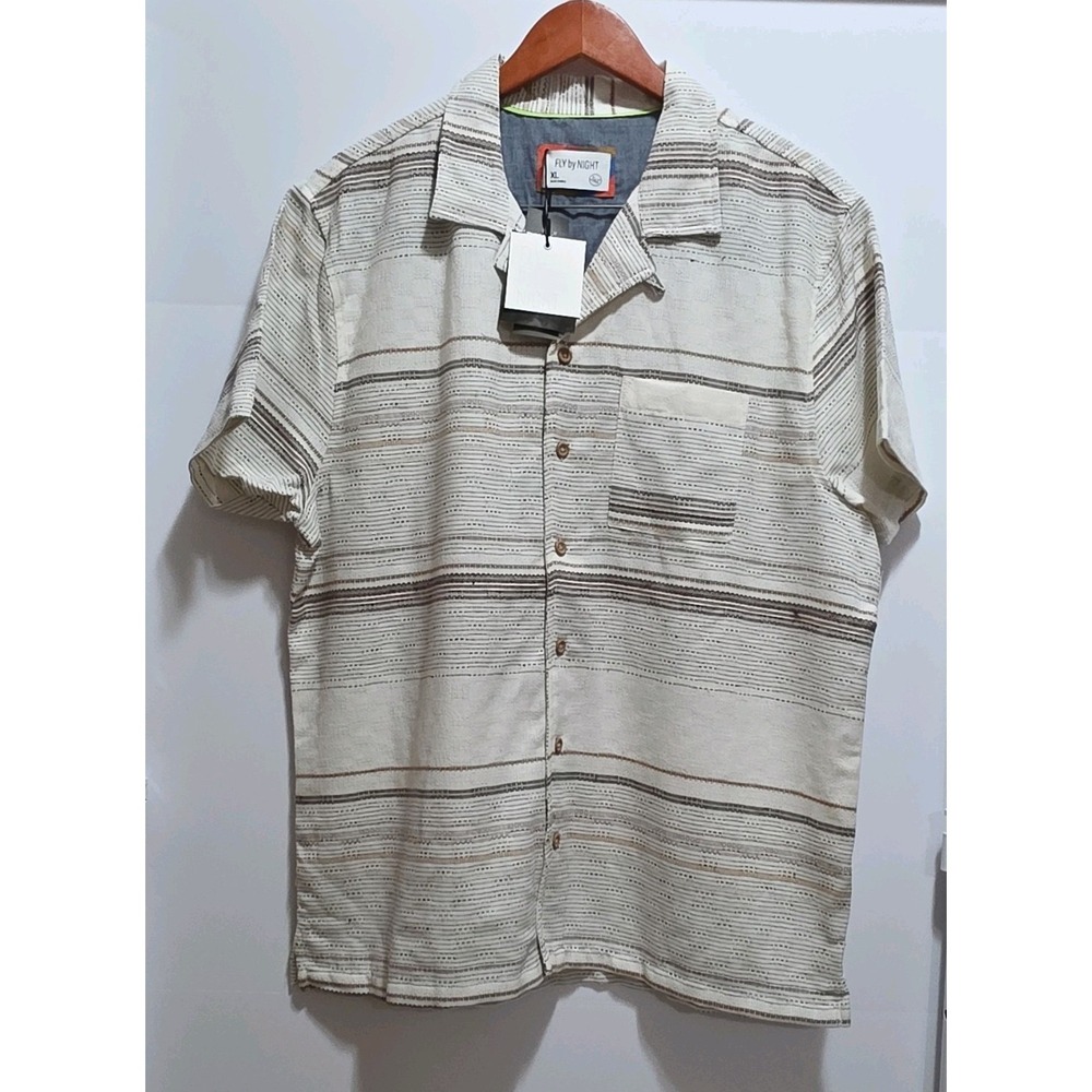 Fly by Night XL Men's Beige Brown Striped Short Sleeve Woven Button-Up Shirt